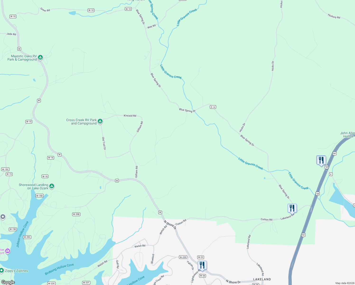 map of restaurants, bars, coffee shops, grocery stores, and more near 242 Blue Spring Drive in Eldon