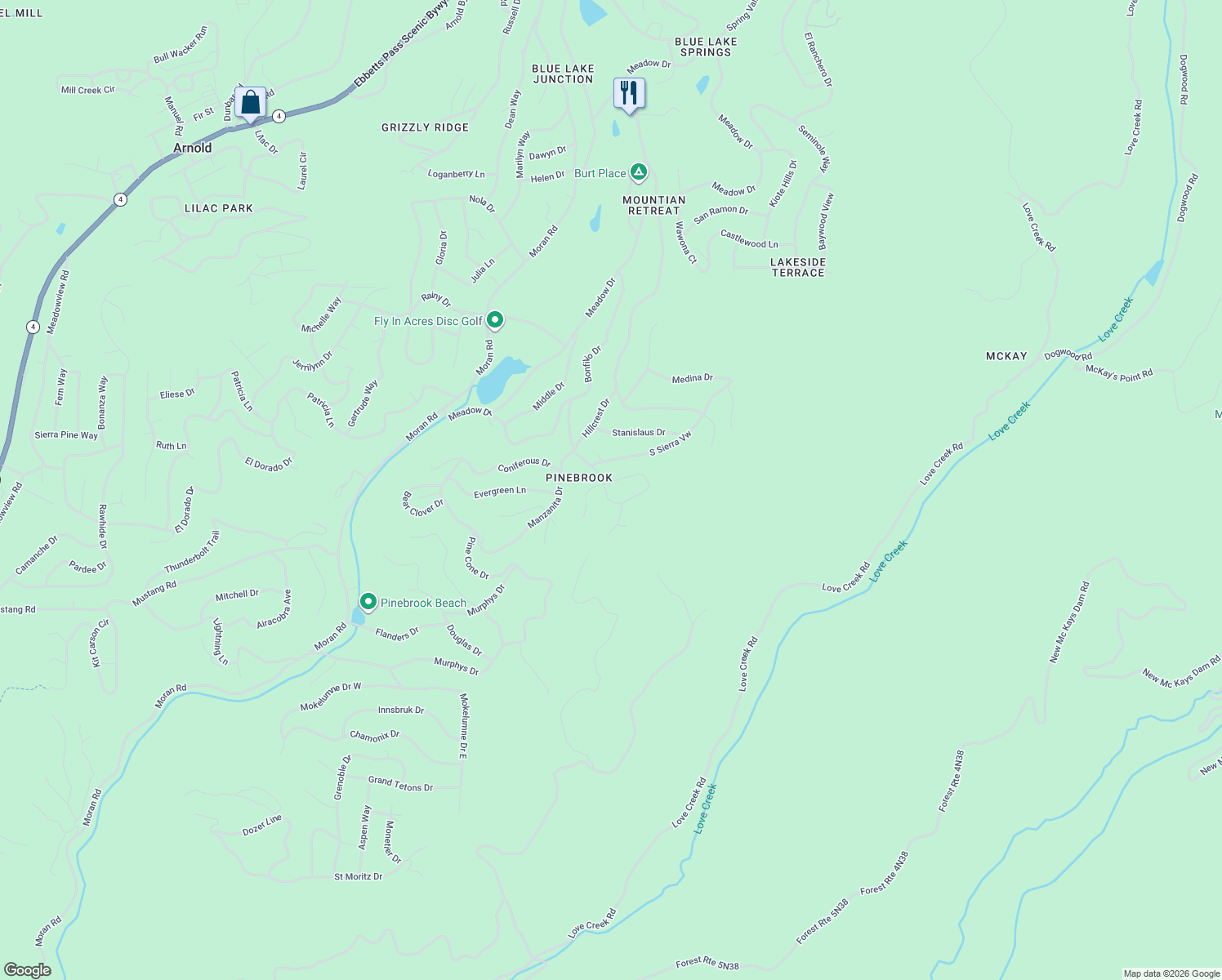 map of restaurants, bars, coffee shops, grocery stores, and more near 1991 Flamingo Way in Arnold