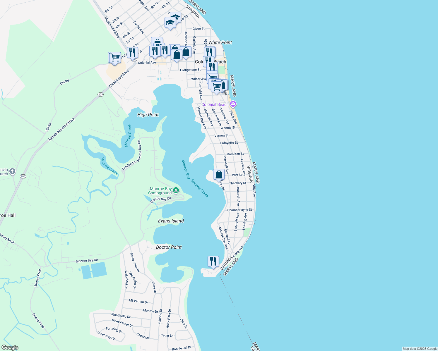 map of restaurants, bars, coffee shops, grocery stores, and more near 400 Wirt Street in Colonial Beach