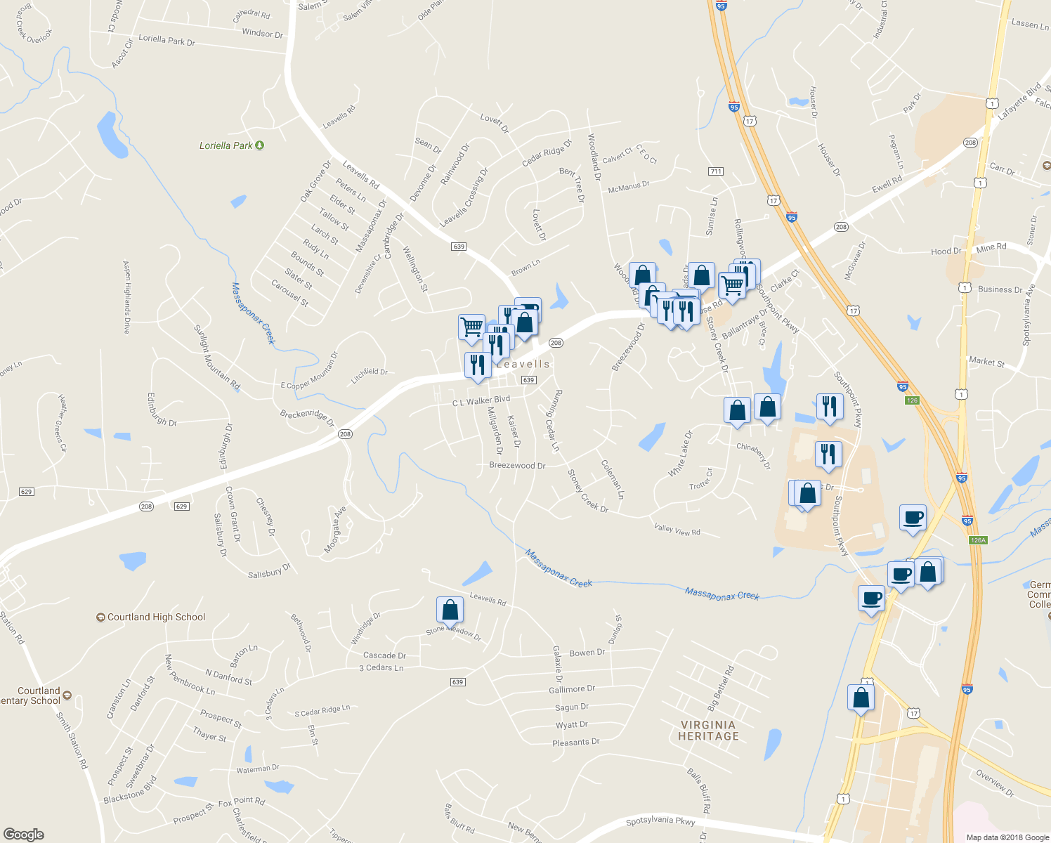 map of restaurants, bars, coffee shops, grocery stores, and more near 10424 Leavells Road in Fredericksburg