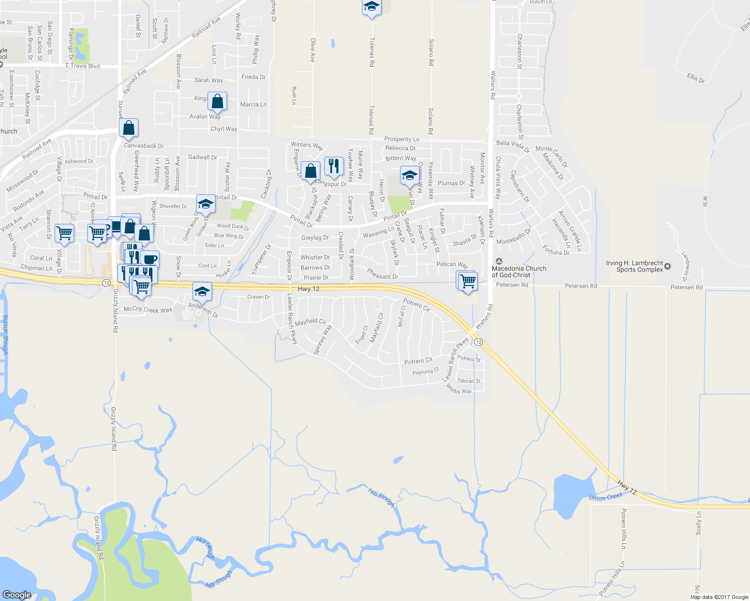 map of restaurants, bars, coffee shops, grocery stores, and more near 1200 Mayfield Circle in Suisun City