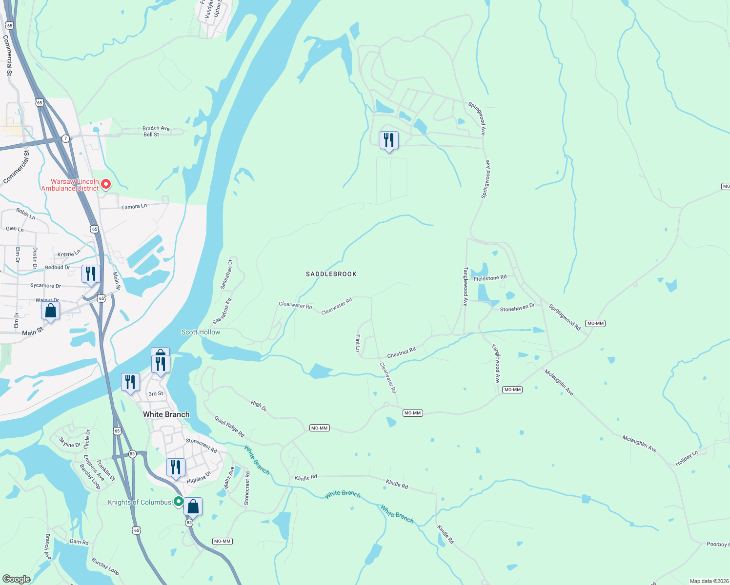 map of restaurants, bars, coffee shops, grocery stores, and more near 19973 Clearwater Road in Warsaw