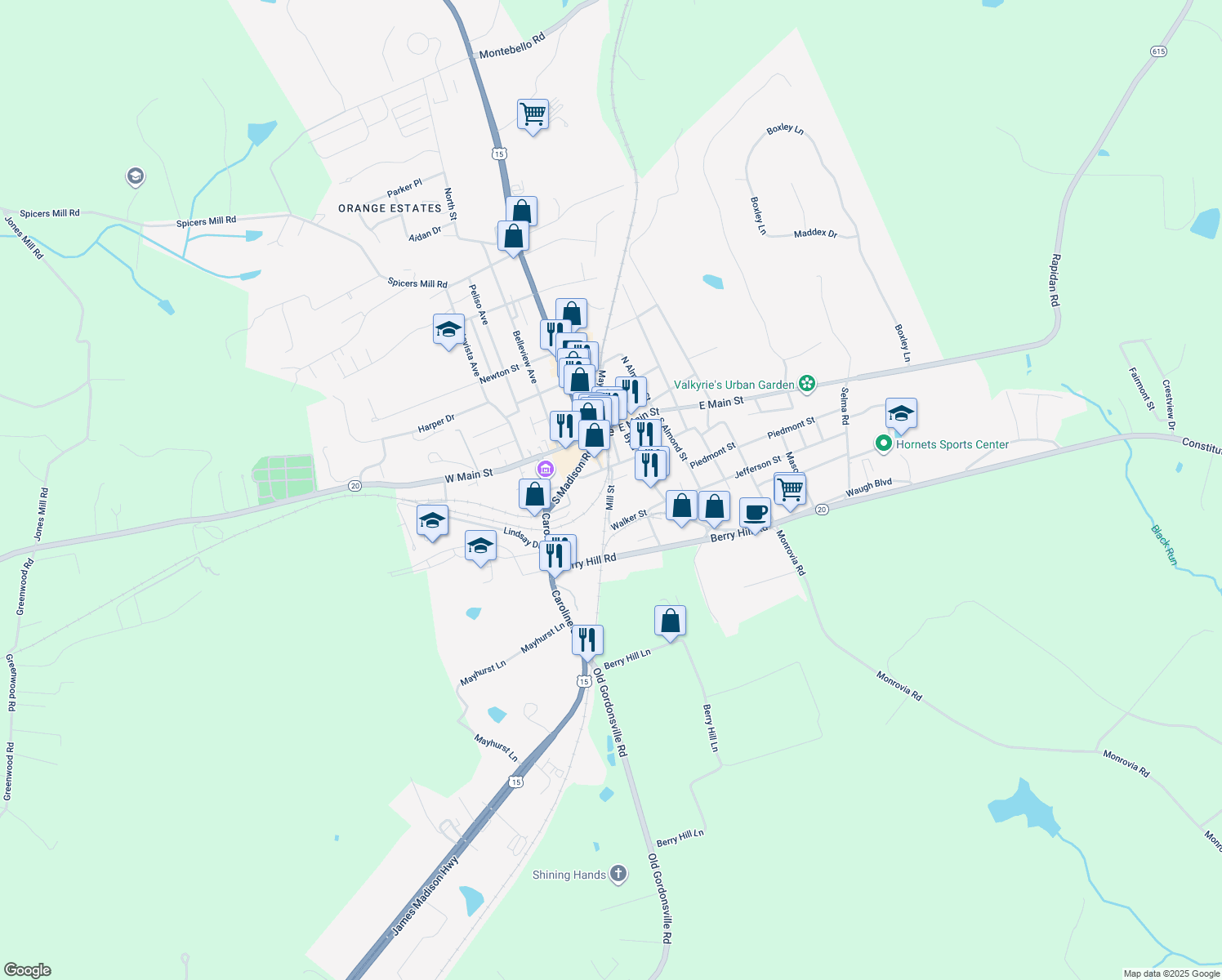 map of restaurants, bars, coffee shops, grocery stores, and more near Mill Street in Orange