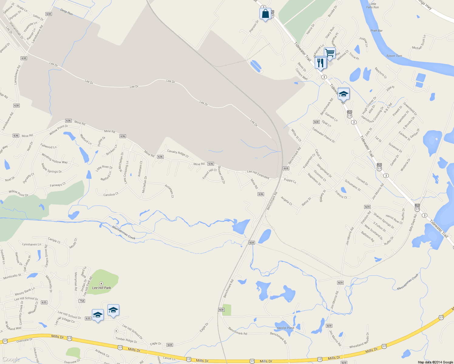 map of restaurants, bars, coffee shops, grocery stores, and more near 10403 Skinner Hill Drive in Fredericksburg