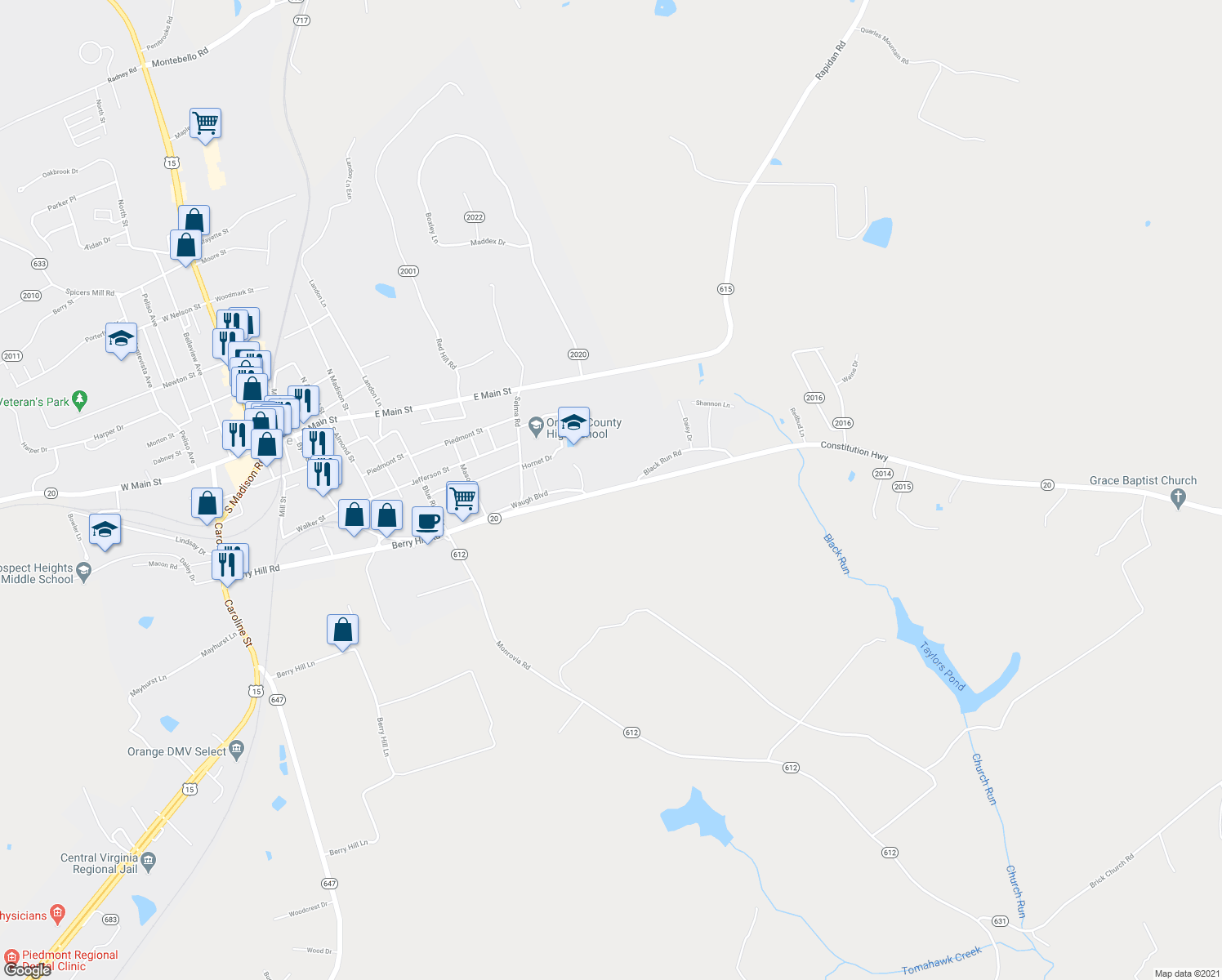 map of restaurants, bars, coffee shops, grocery stores, and more near 16235 Constitution Highway in Orange