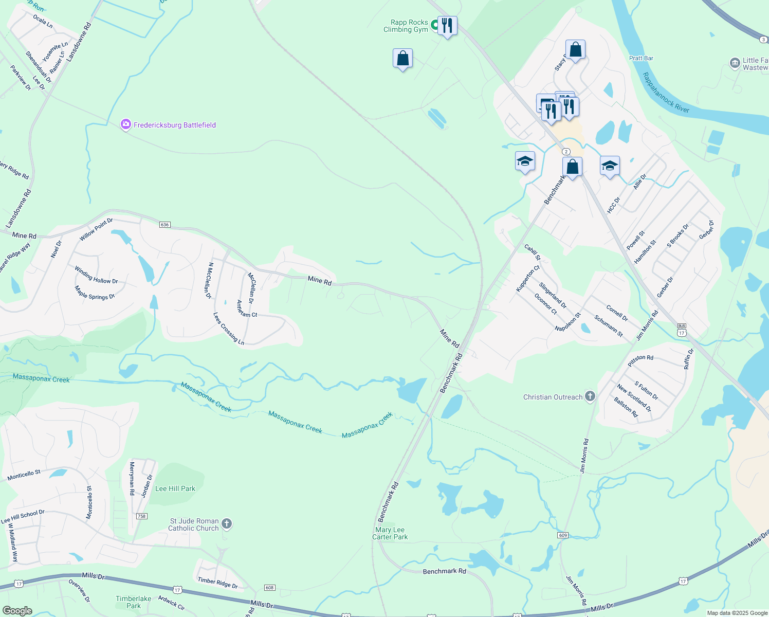map of restaurants, bars, coffee shops, grocery stores, and more near 10407 Skinner Hill Dr in Fredericksburg