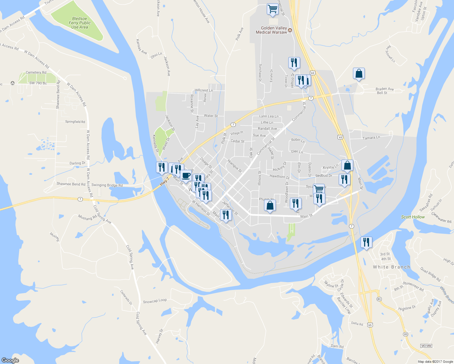 map of restaurants, bars, coffee shops, grocery stores, and more near 118 West Osage Street in Warsaw