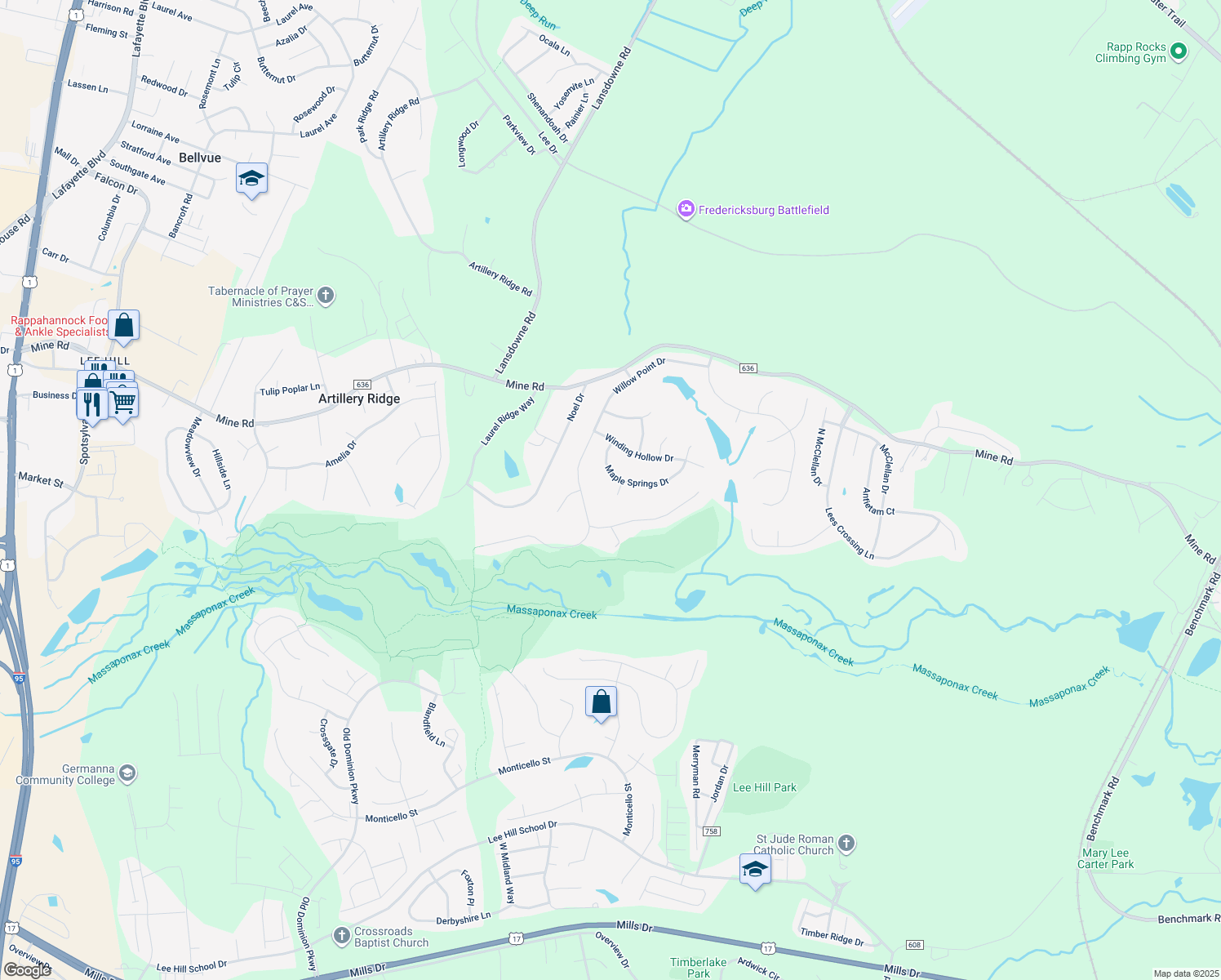 map of restaurants, bars, coffee shops, grocery stores, and more near 13004 Crested Court in Fredericksburg