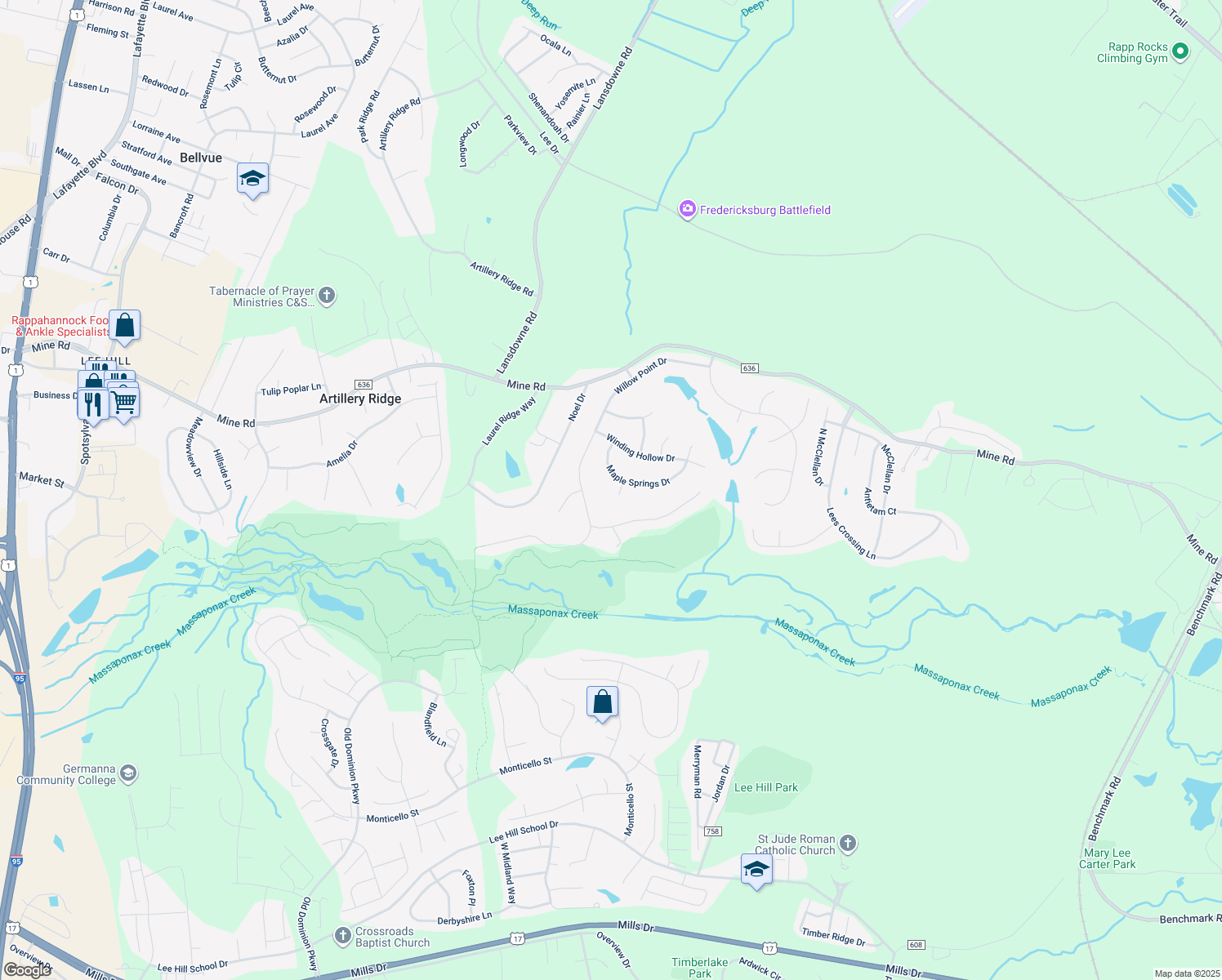 map of restaurants, bars, coffee shops, grocery stores, and more near 13004 Crested Court in Fredericksburg