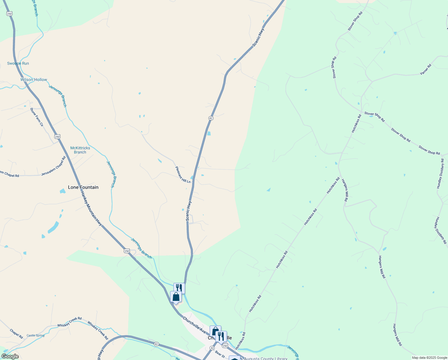 map of restaurants, bars, coffee shops, grocery stores, and more near 120 Massey Mill Lane in Churchville