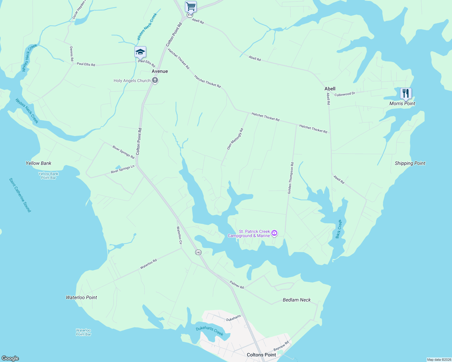 map of restaurants, bars, coffee shops, grocery stores, and more near 20960 Olen Mattingly Rd in St. Mary's