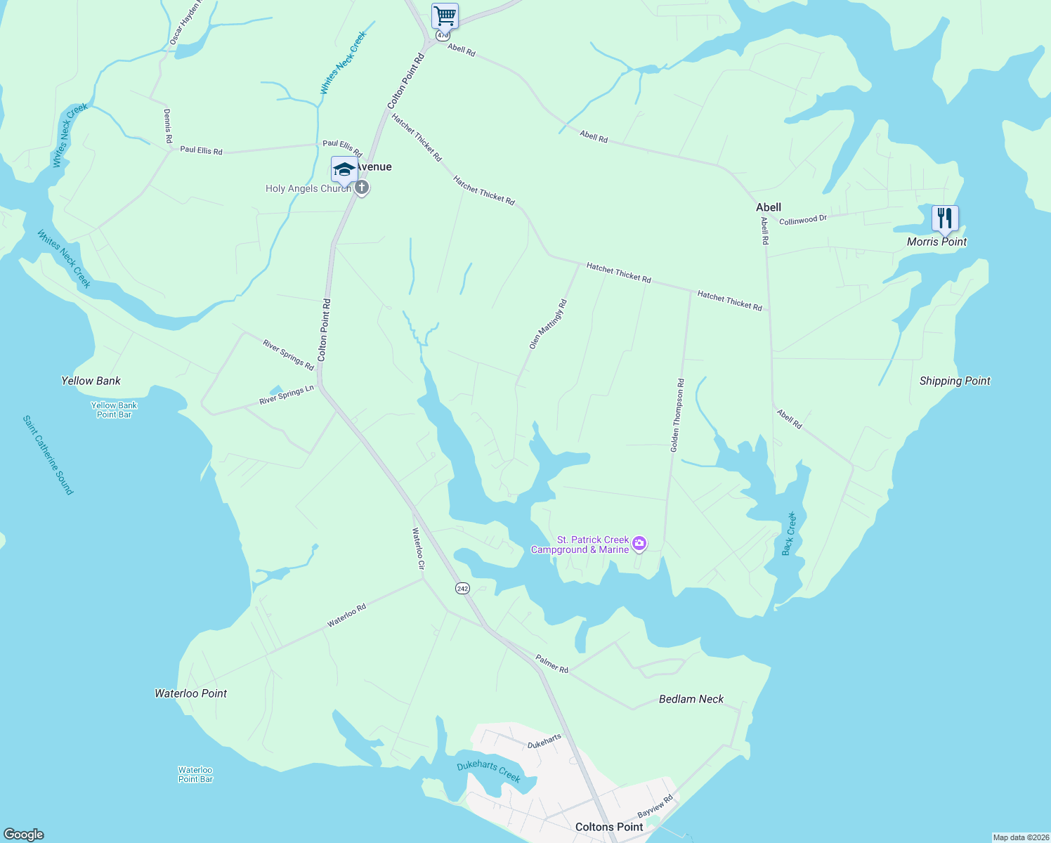 map of restaurants, bars, coffee shops, grocery stores, and more near 20960 Olen Mattingly Rd in St. Mary's