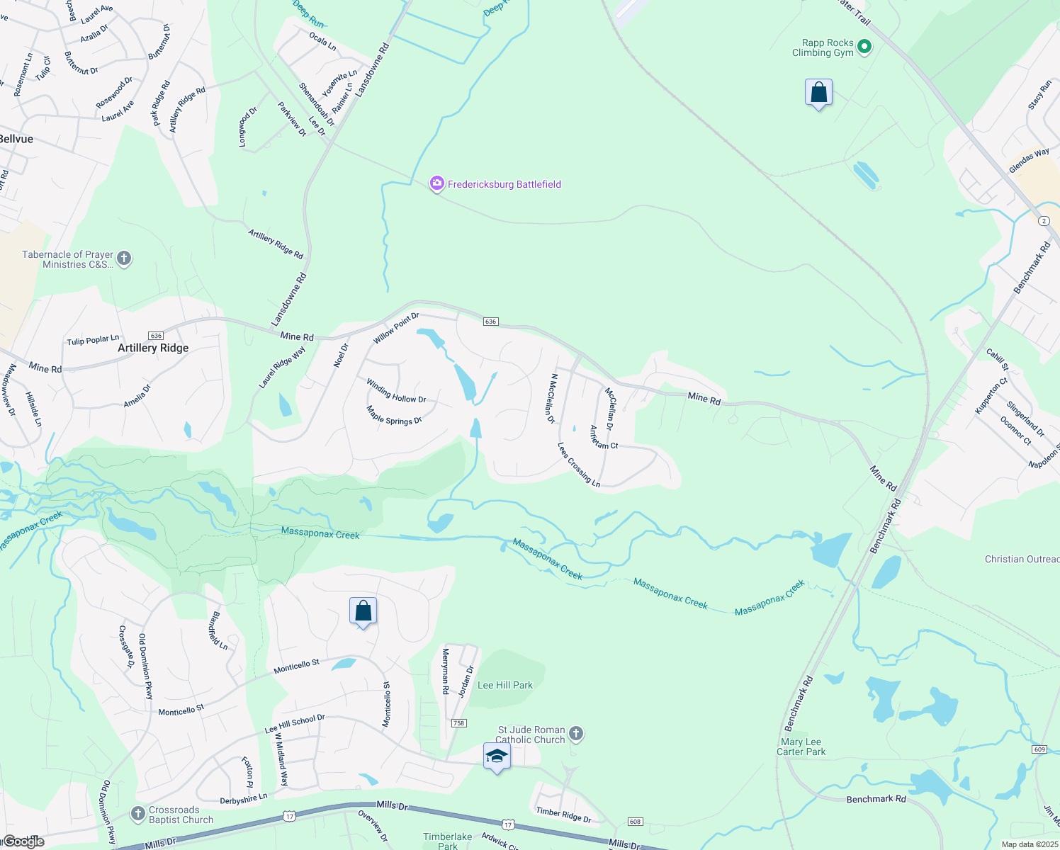 map of restaurants, bars, coffee shops, grocery stores, and more near 10319 Watford Lane in Fredericksburg