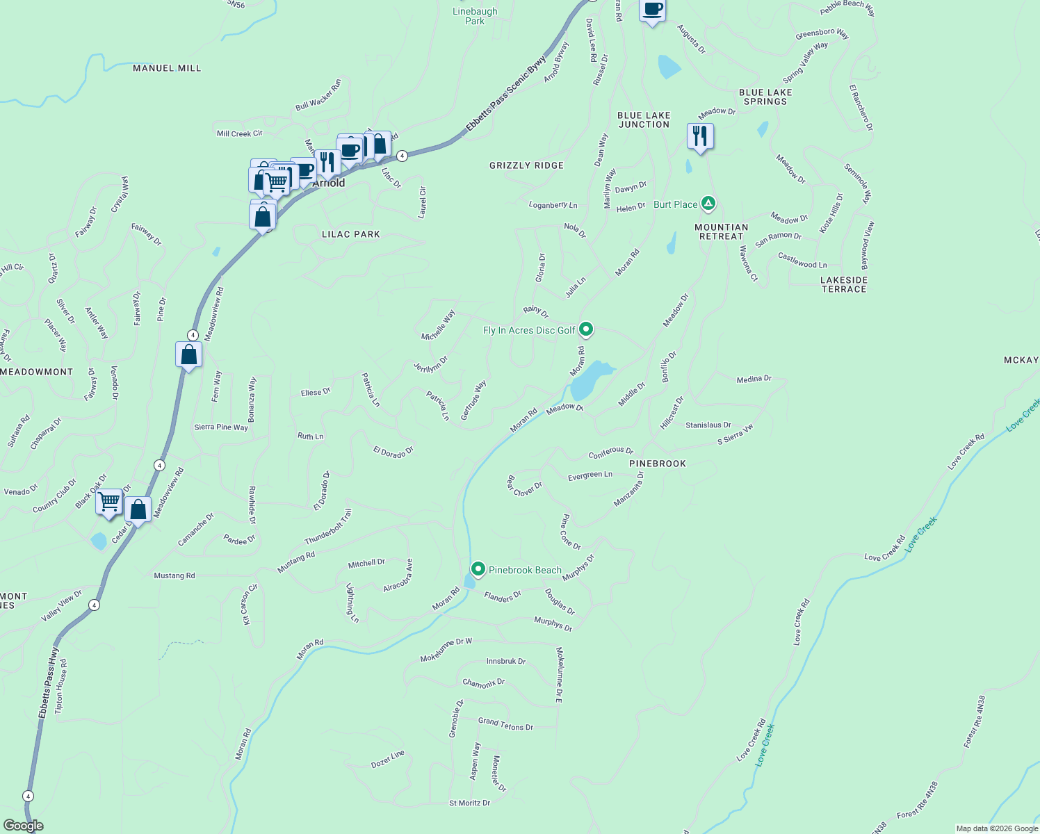 map of restaurants, bars, coffee shops, grocery stores, and more near 1490 Moran Road in Arnold