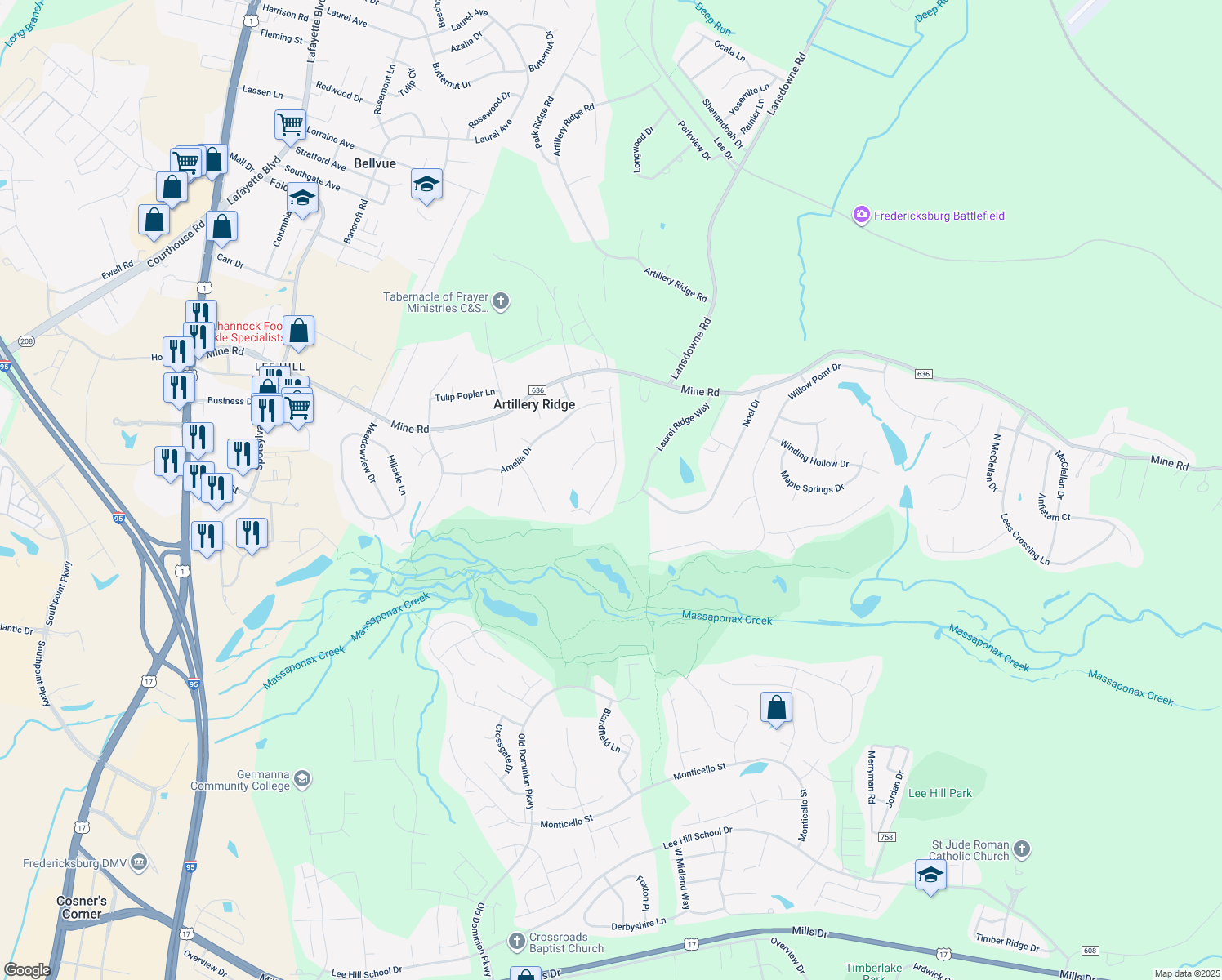 map of restaurants, bars, coffee shops, grocery stores, and more near 10215 North Hampton Lane in Fredericksburg