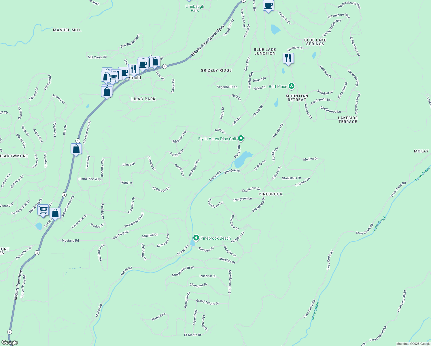 map of restaurants, bars, coffee shops, grocery stores, and more near 1490 Moran Road in Arnold