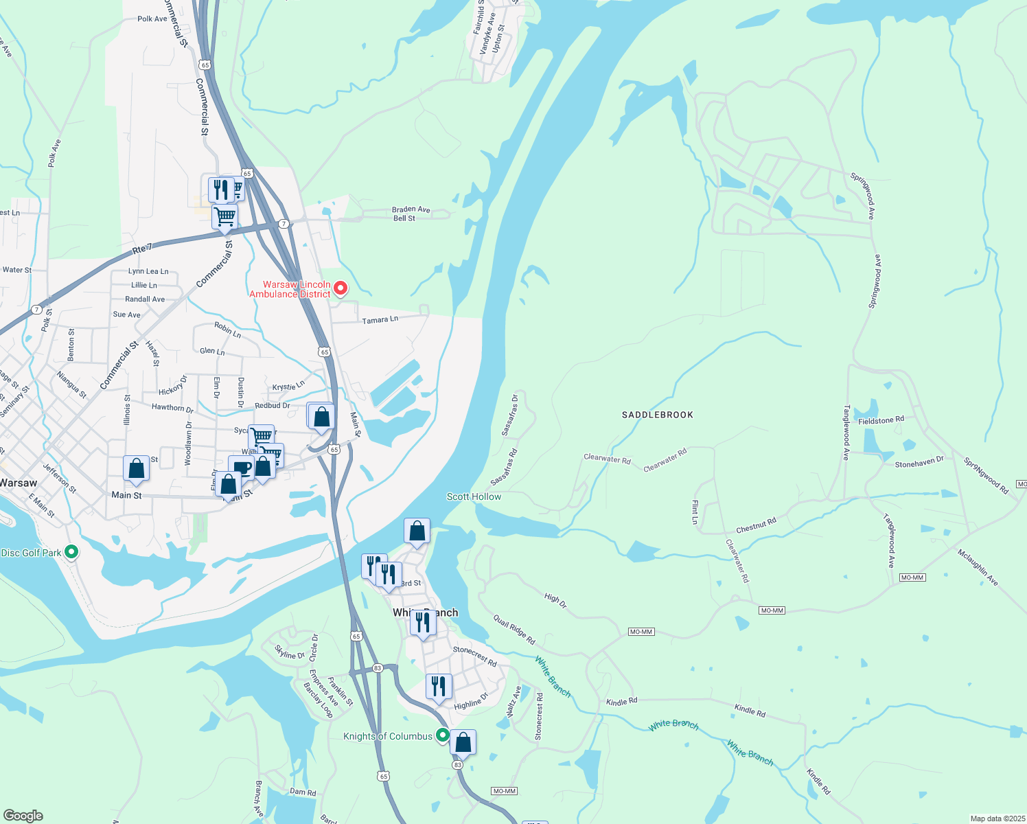 map of restaurants, bars, coffee shops, grocery stores, and more near Sassafras Drive in Warsaw