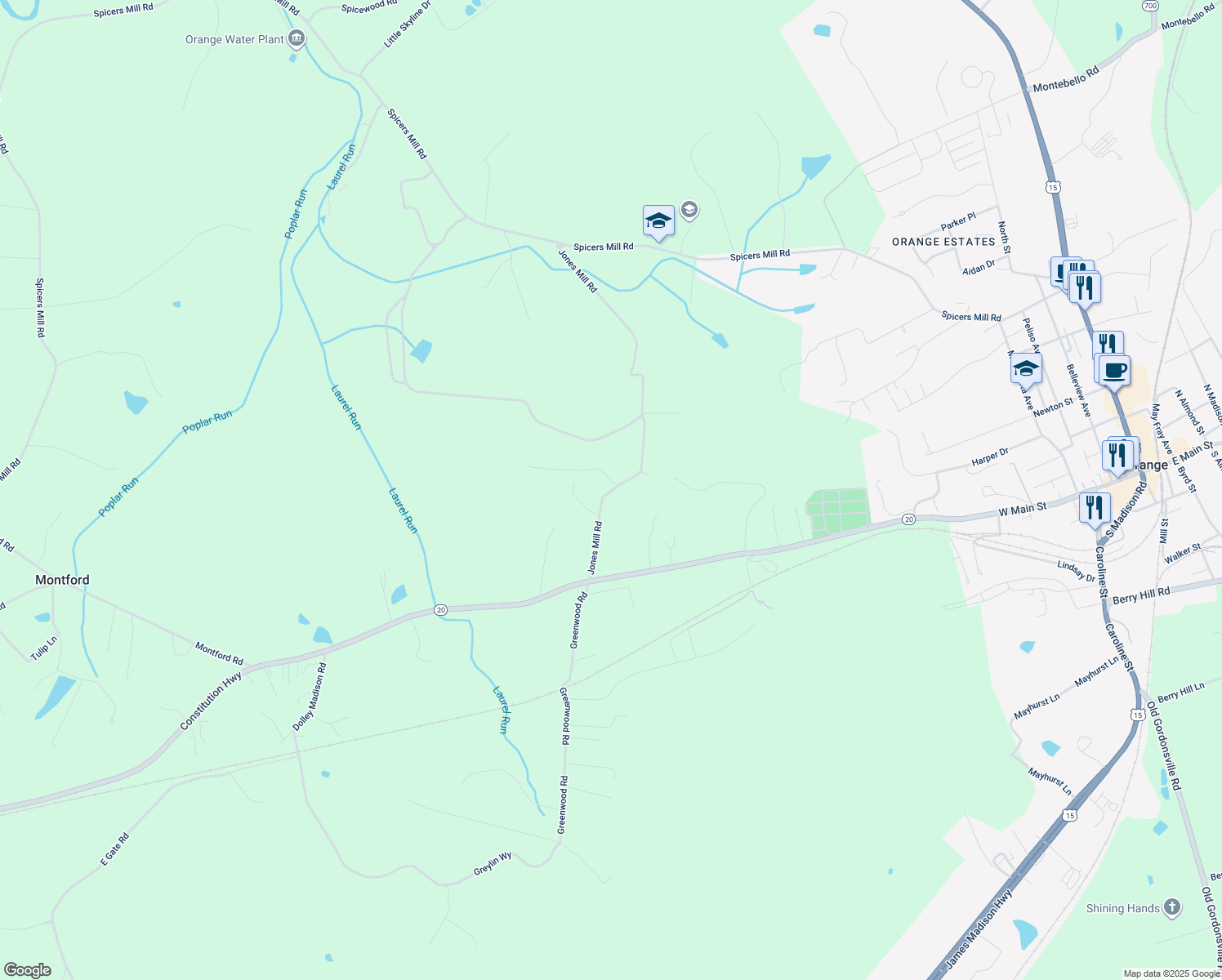 map of restaurants, bars, coffee shops, grocery stores, and more near 11544 Jones Mill Road in Orange