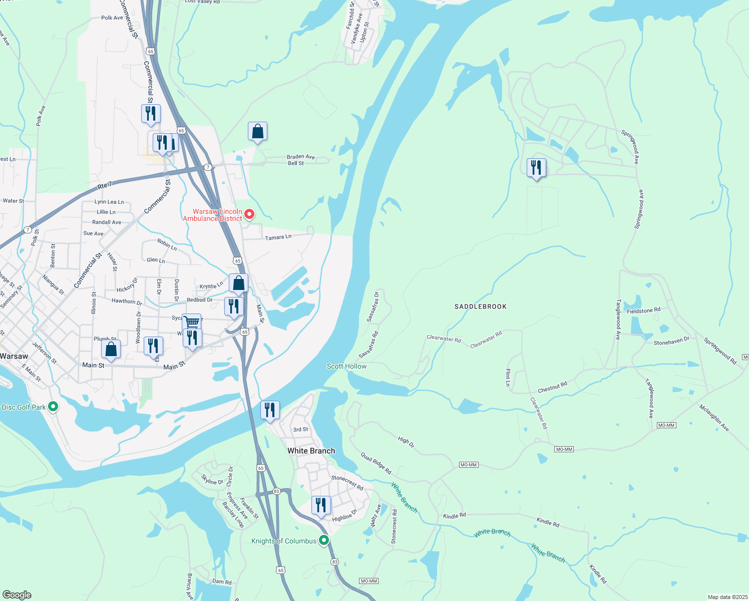 map of restaurants, bars, coffee shops, grocery stores, and more near Sassafras Drive in Warsaw