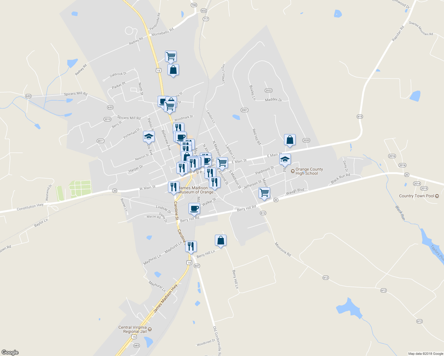 map of restaurants, bars, coffee shops, grocery stores, and more near 144 South Almond Street in Orange