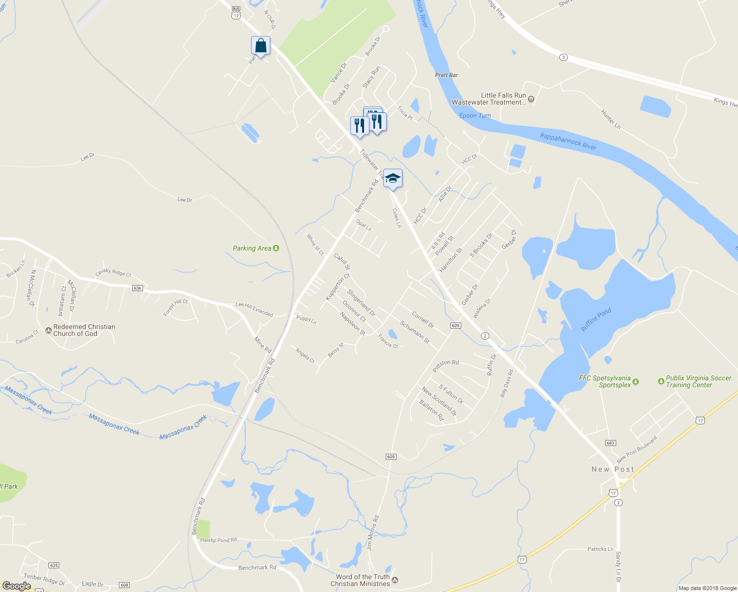 map of restaurants, bars, coffee shops, grocery stores, and more near 2902 Cahill Street in Fredericksburg