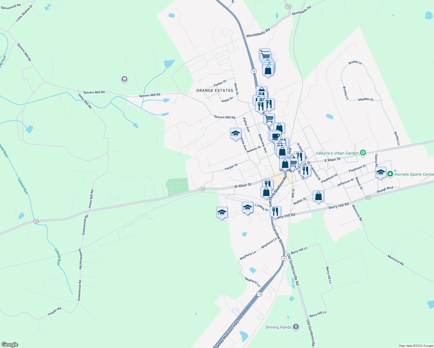 map of restaurants, bars, coffee shops, grocery stores, and more near 384 Harper Drive in Orange