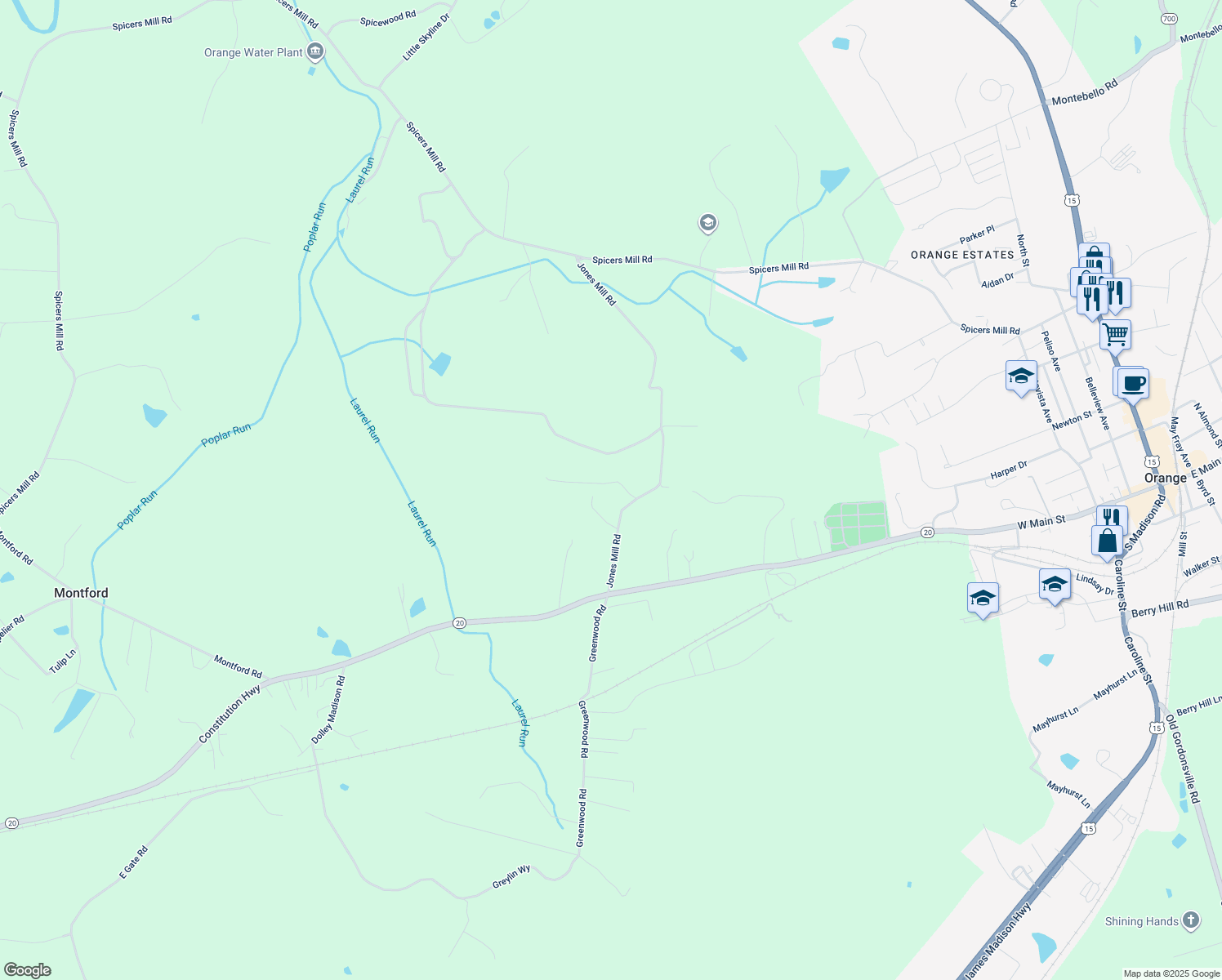 map of restaurants, bars, coffee shops, grocery stores, and more near 11544 Jones Mill Road in Orange