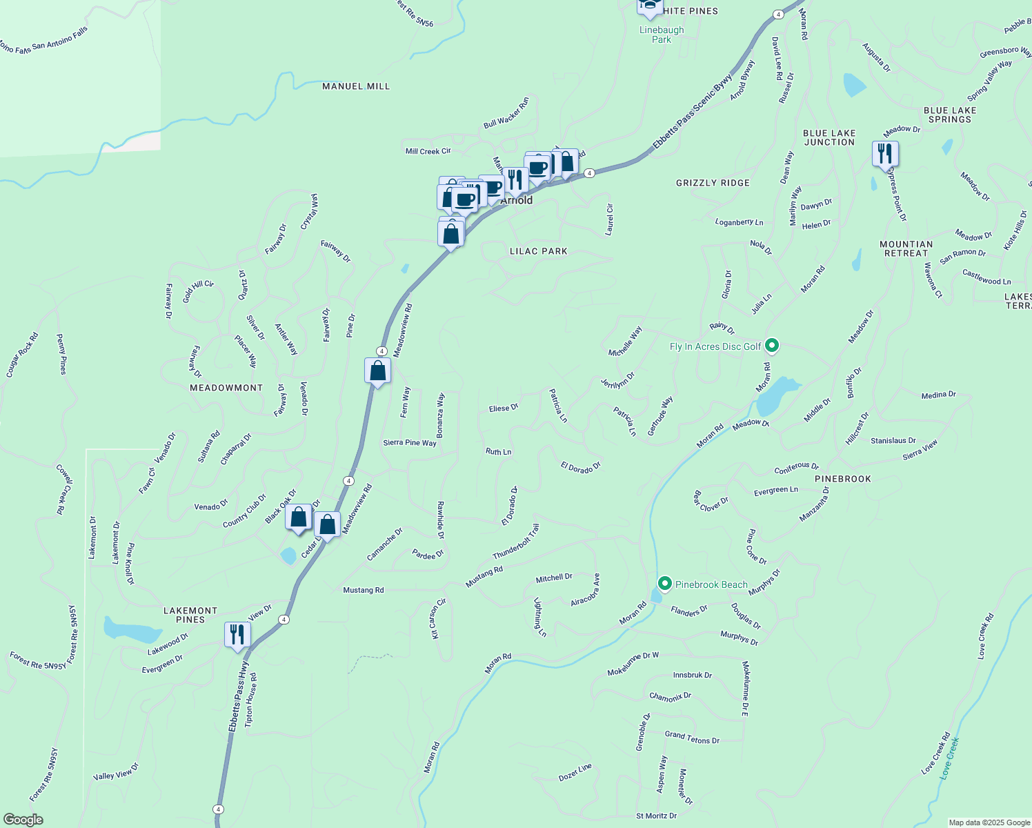 map of restaurants, bars, coffee shops, grocery stores, and more near 2318 Patricia Lane in Arnold