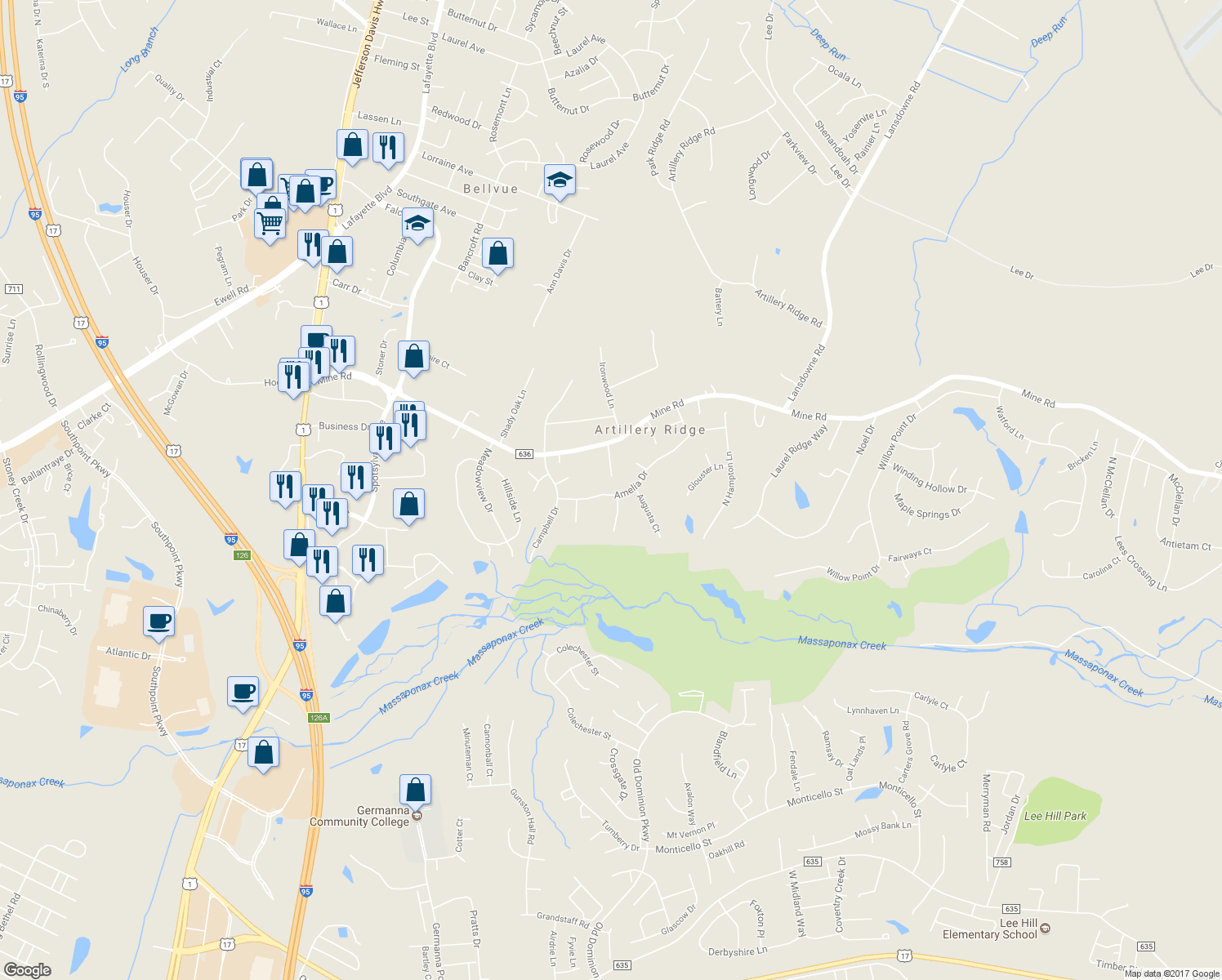 map of restaurants, bars, coffee shops, grocery stores, and more near 4301 Amelia Drive in Fredericksburg