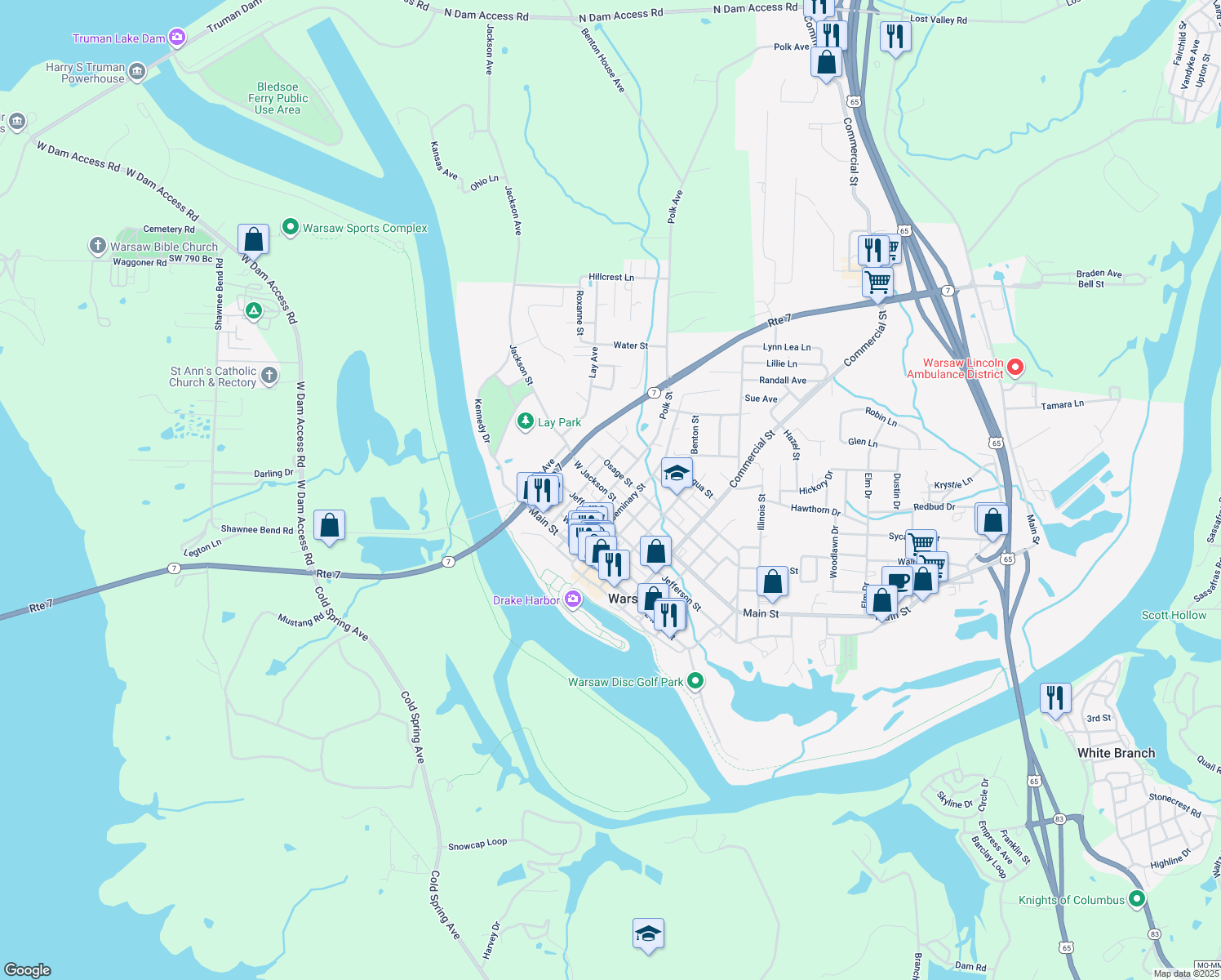 map of restaurants, bars, coffee shops, grocery stores, and more near 618 Polk Street in Warsaw