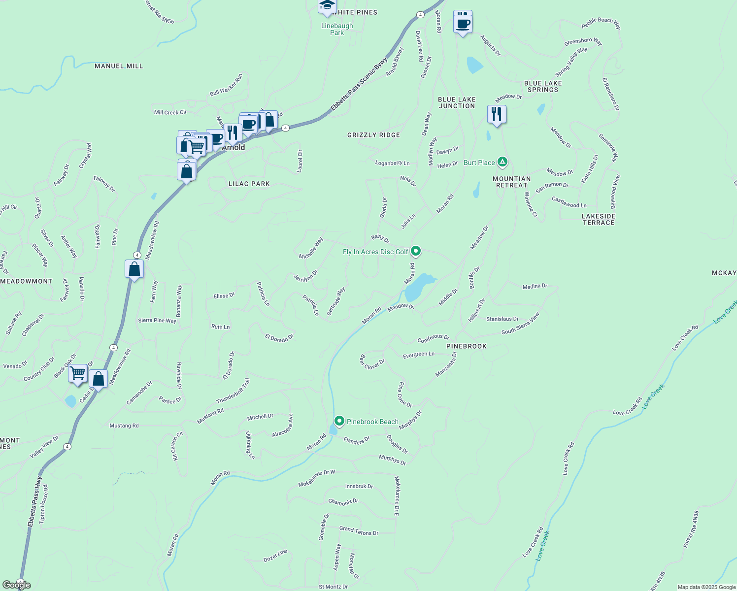 map of restaurants, bars, coffee shops, grocery stores, and more near 1492 Patricia Lane in Arnold