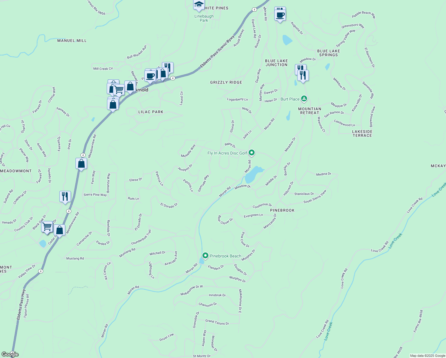 map of restaurants, bars, coffee shops, grocery stores, and more near 1492 Patricia Lane in Arnold