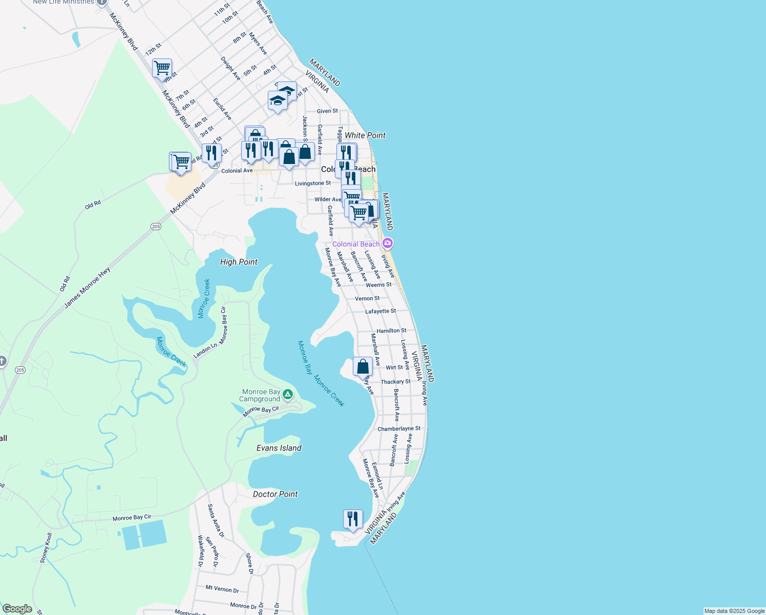 map of restaurants, bars, coffee shops, grocery stores, and more near 420 Bancroft Avenue in Colonial Beach