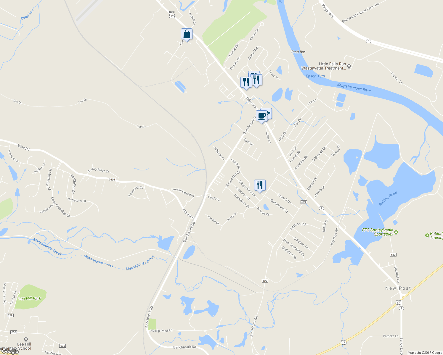 map of restaurants, bars, coffee shops, grocery stores, and more near 10419 Benchmark Road in Fredericksburg