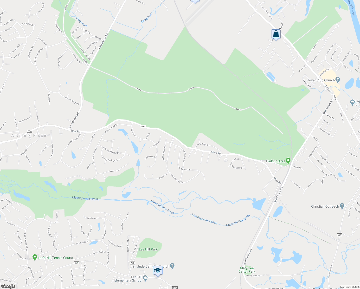 map of restaurants, bars, coffee shops, grocery stores, and more near 3403 McClellan Drive in Fredericksburg