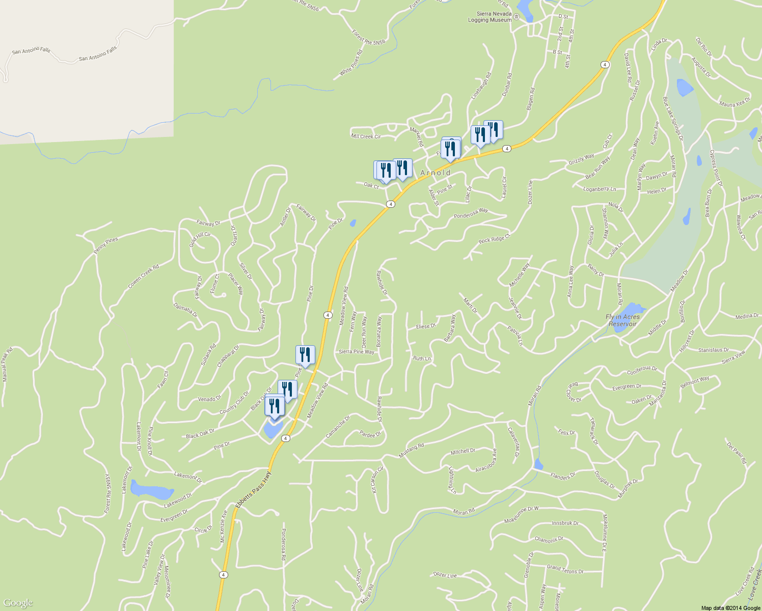 map of restaurants, bars, coffee shops, grocery stores, and more near 1587 Brandy Flat Court in Arnold