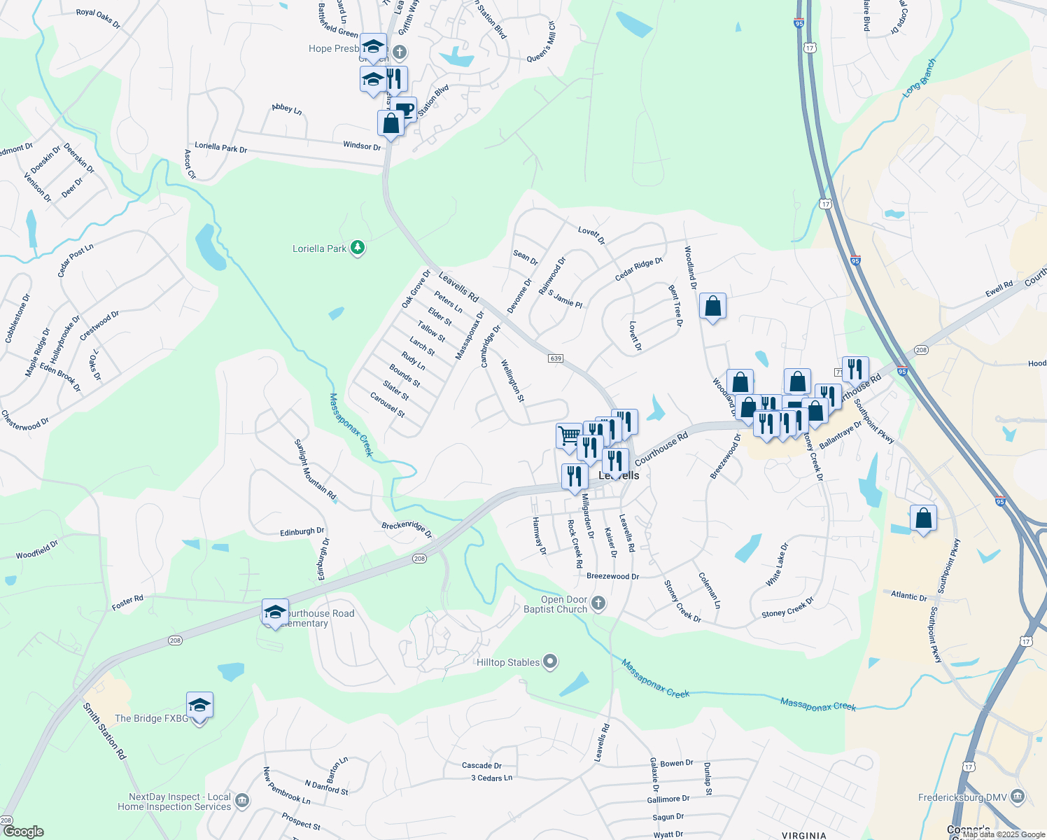 map of restaurants, bars, coffee shops, grocery stores, and more near 10600 Wellington Street in Fredericksburg