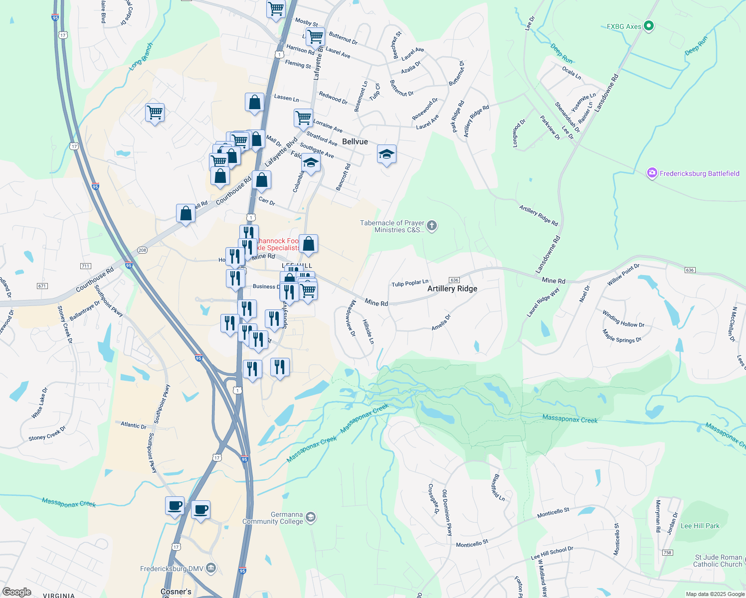 map of restaurants, bars, coffee shops, grocery stores, and more near 4417 Mine Road in Fredericksburg