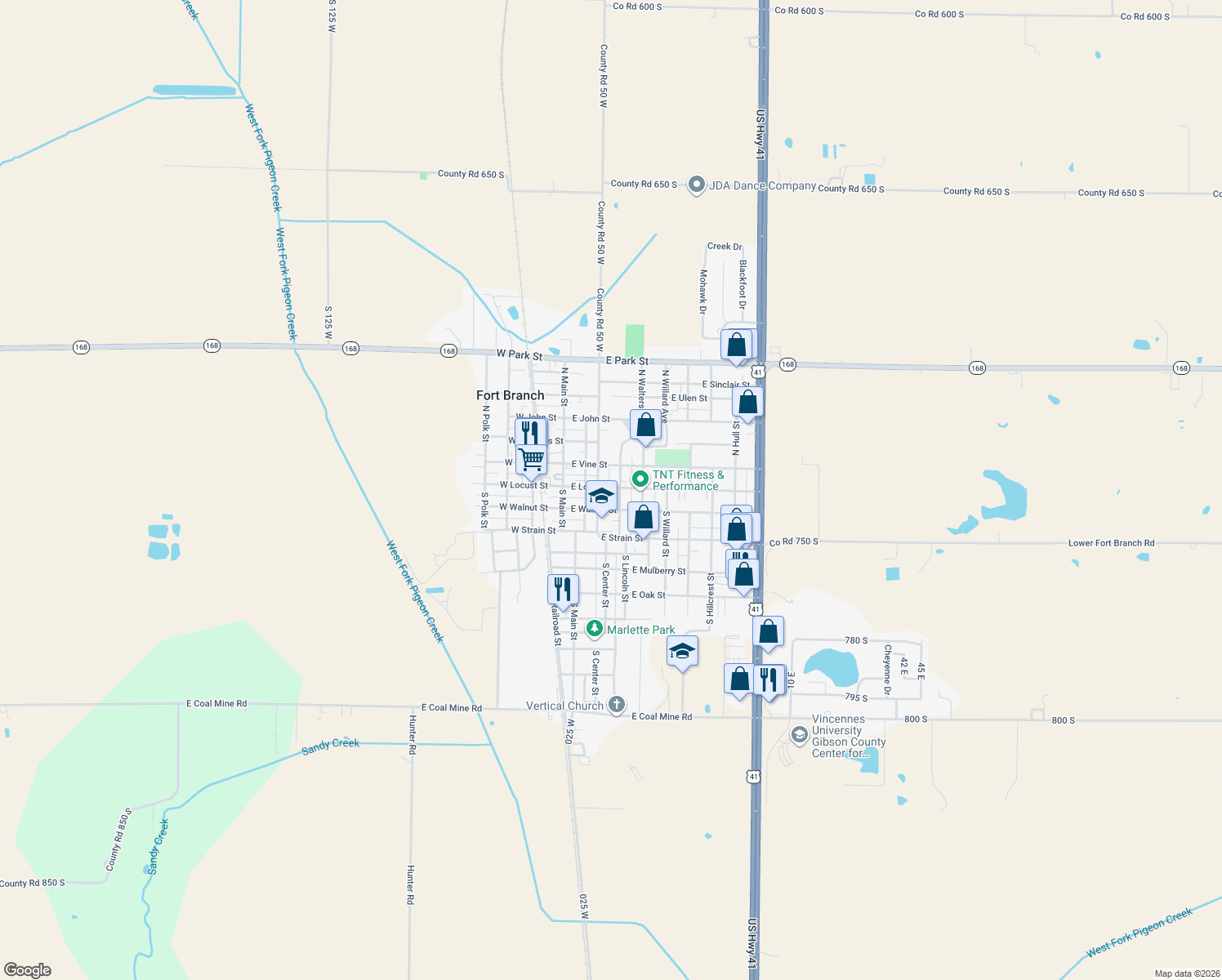 map of restaurants, bars, coffee shops, grocery stores, and more near 305 East Locust Street in Fort Branch