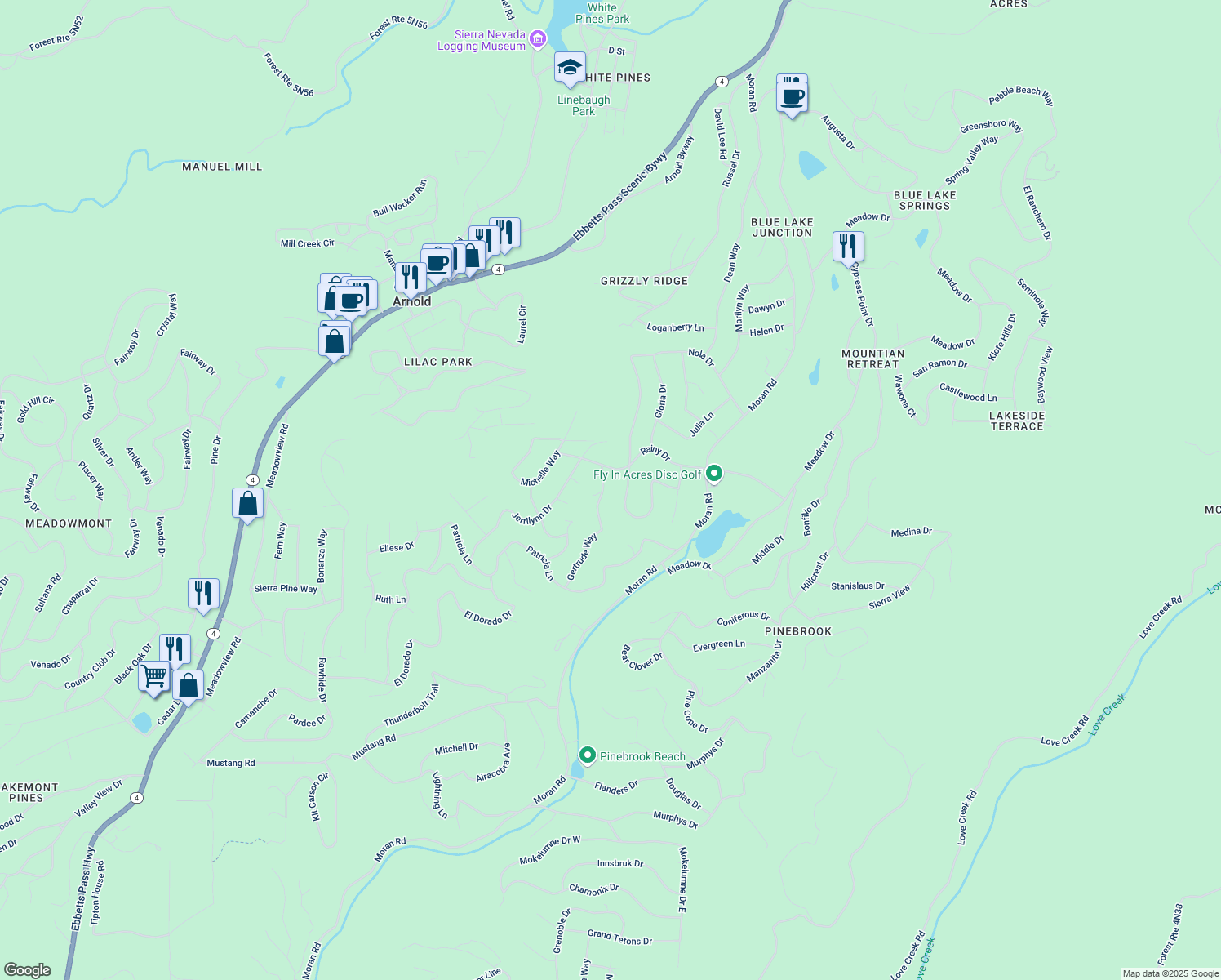 map of restaurants, bars, coffee shops, grocery stores, and more near 1800 Anna Lee Way in Arnold