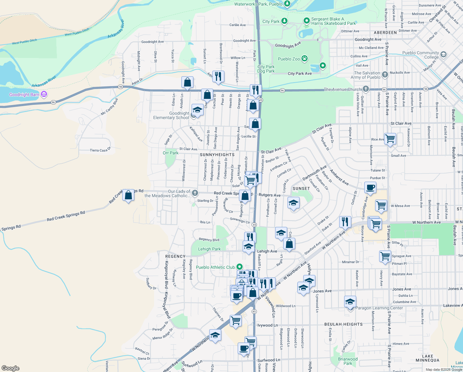 map of restaurants, bars, coffee shops, grocery stores, and more near 1098 Chestnut Drive in Pueblo