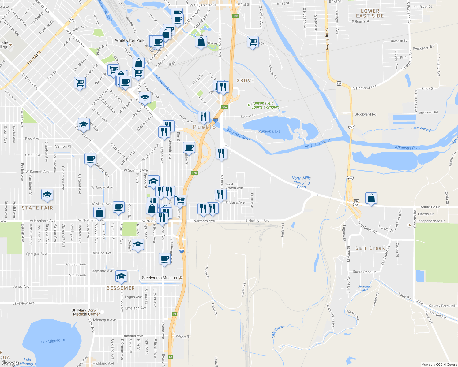 map of restaurants, bars, coffee shops, grocery stores, and more near 519 Tezak Street in Pueblo