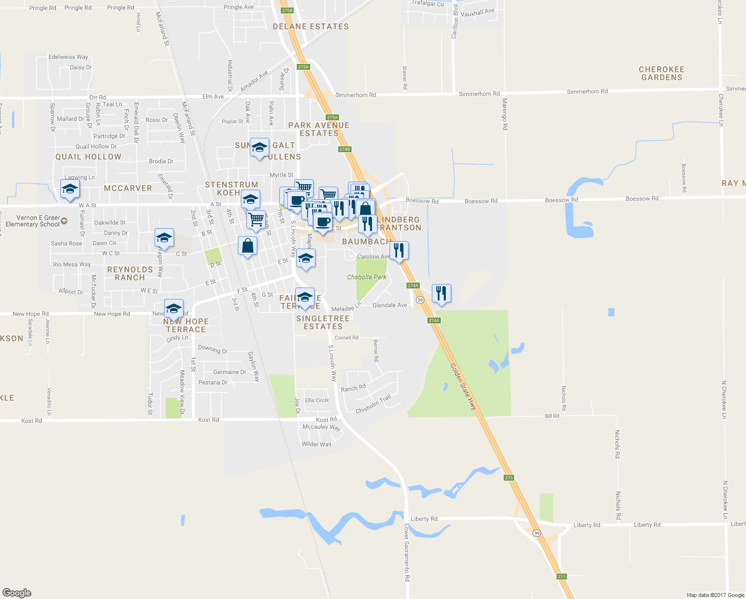 map of restaurants, bars, coffee shops, grocery stores, and more near 913 Casado Drive in Galt