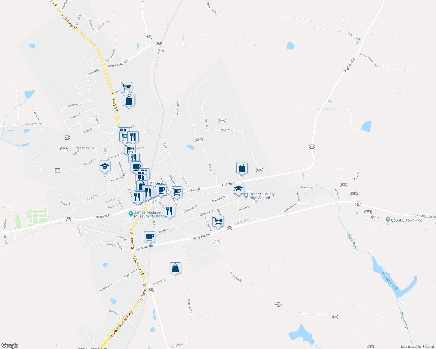 map of restaurants, bars, coffee shops, grocery stores, and more near 368 Greenfields Drive in Orange