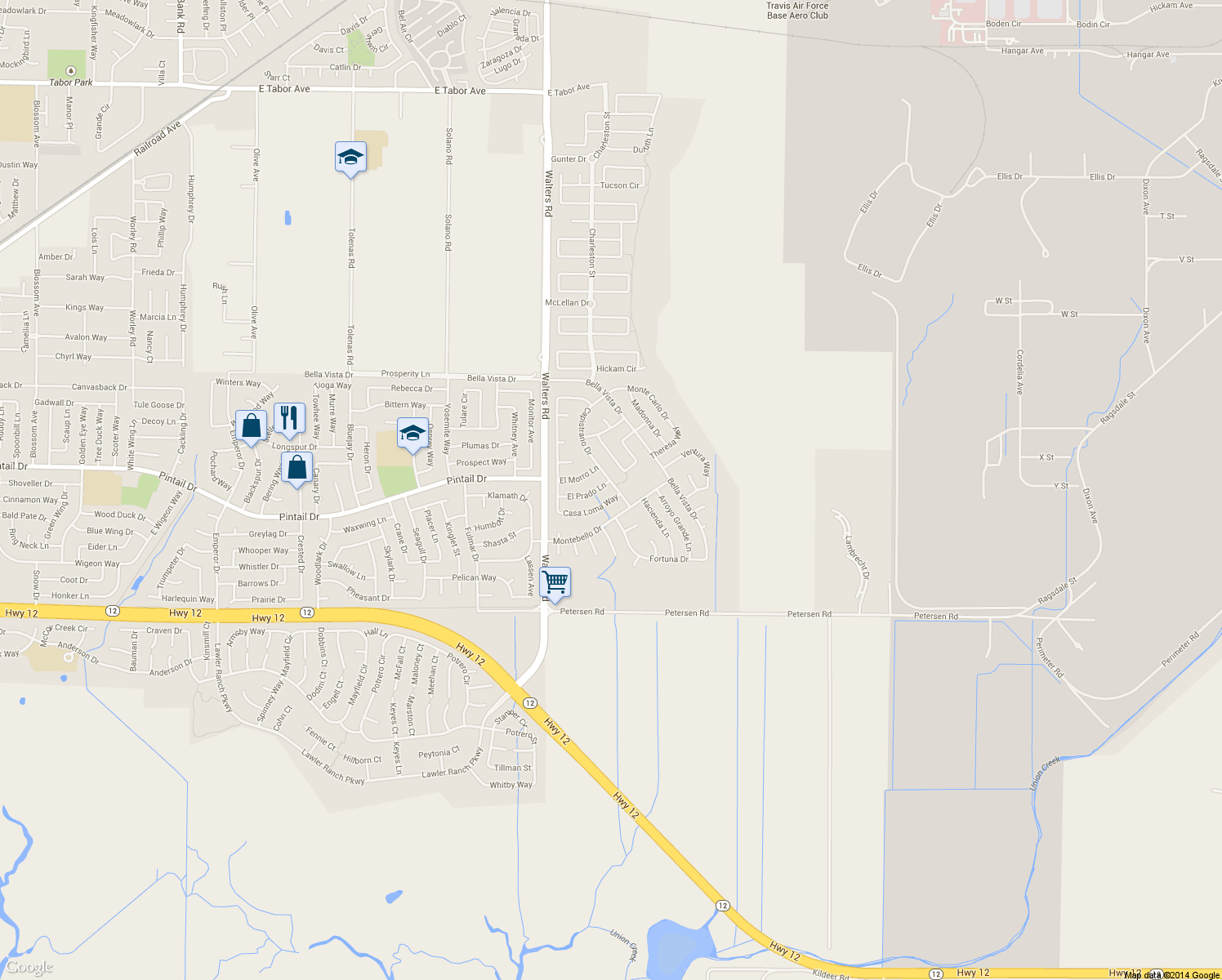map of restaurants, bars, coffee shops, grocery stores, and more near 702 Capistrano Drive in Suisun City