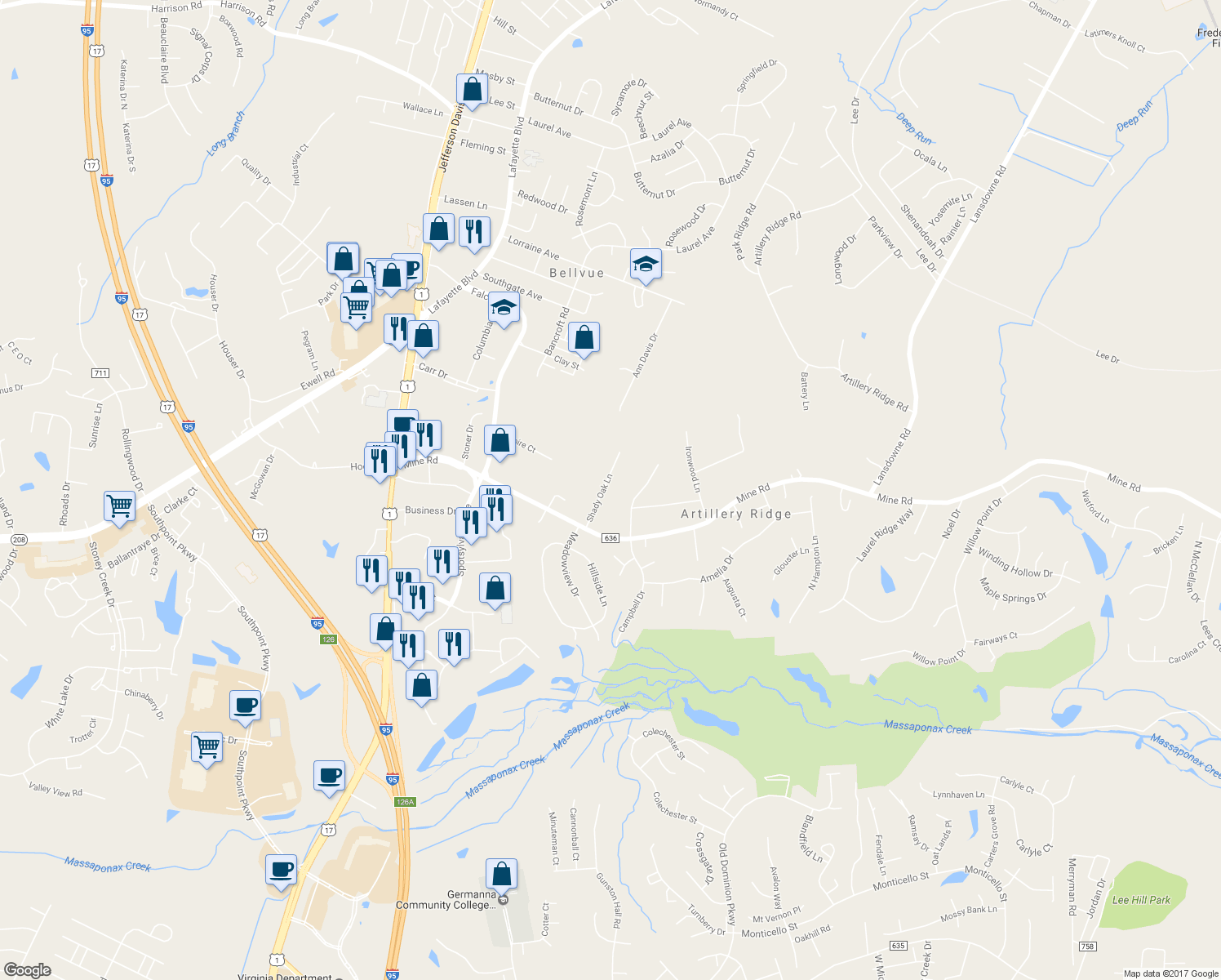 map of restaurants, bars, coffee shops, grocery stores, and more near 10305 Shady Oak Lane in Fredericksburg