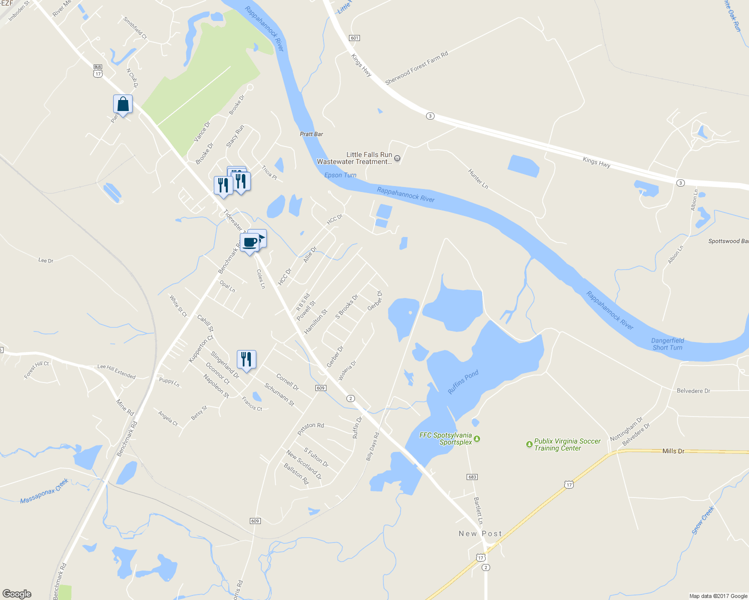 map of restaurants, bars, coffee shops, grocery stores, and more near 4524 Brandon Lane in Fredericksburg