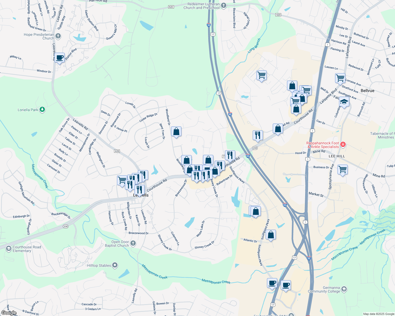 map of restaurants, bars, coffee shops, grocery stores, and more near 10506 Rhoads Dr in Fredericksburg