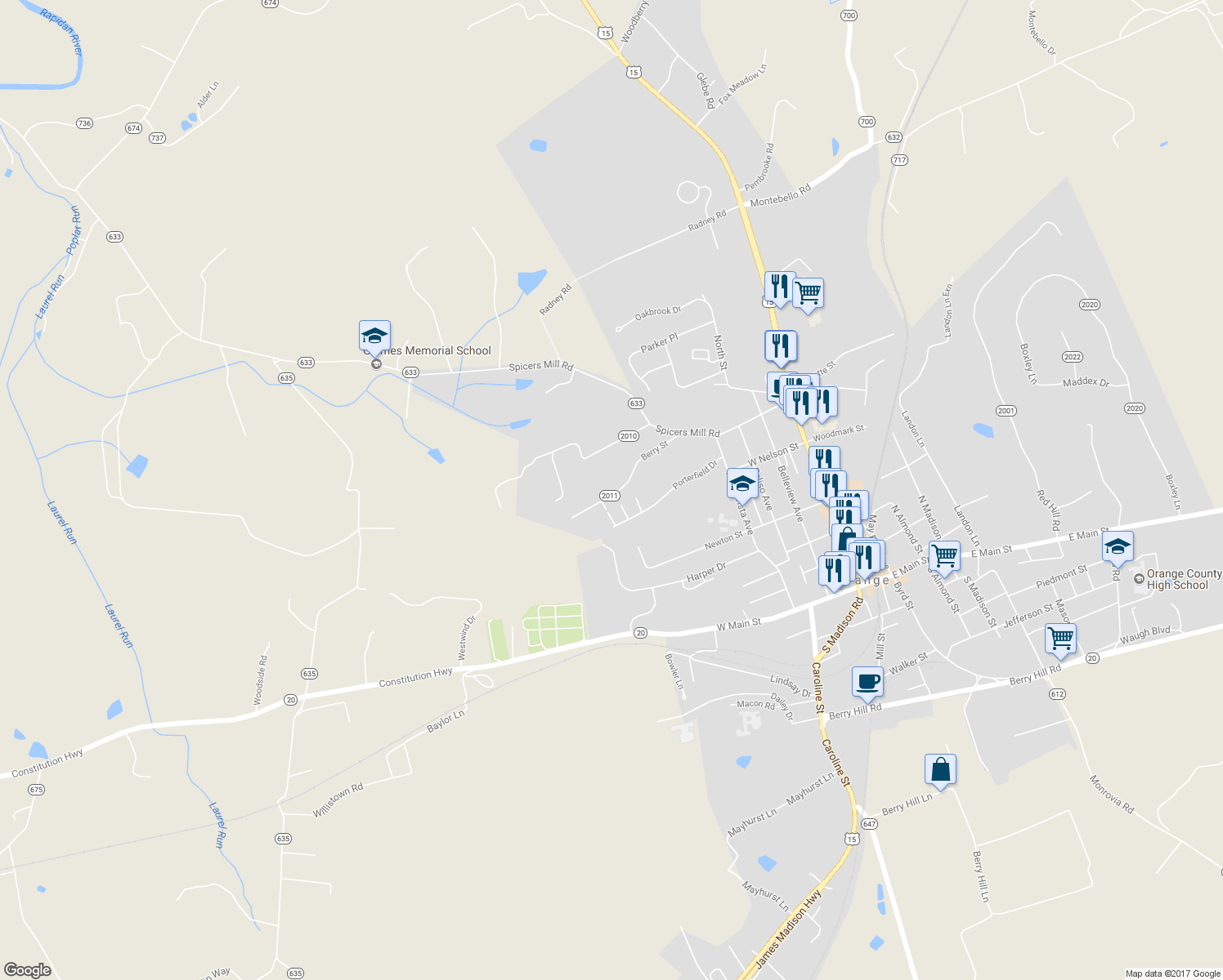 map of restaurants, bars, coffee shops, grocery stores, and more near 347 Berry Street in Orange