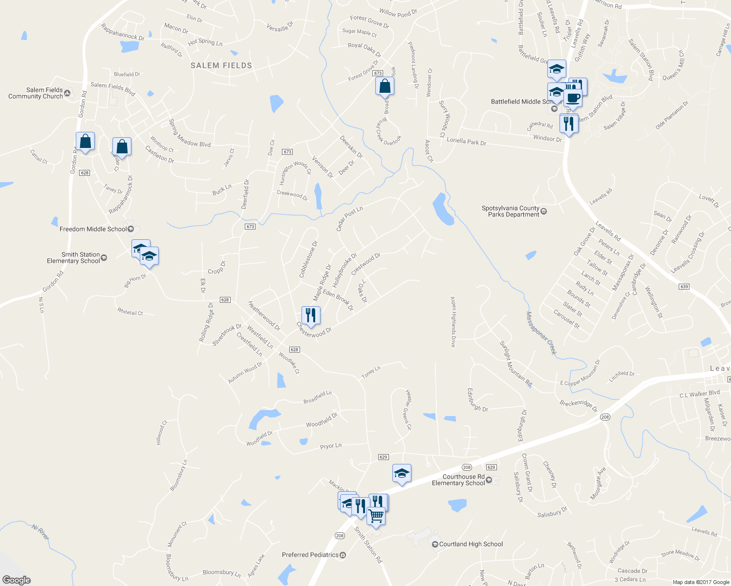 map of restaurants, bars, coffee shops, grocery stores, and more near 10605 7 Oaks Drive in Spotsylvania